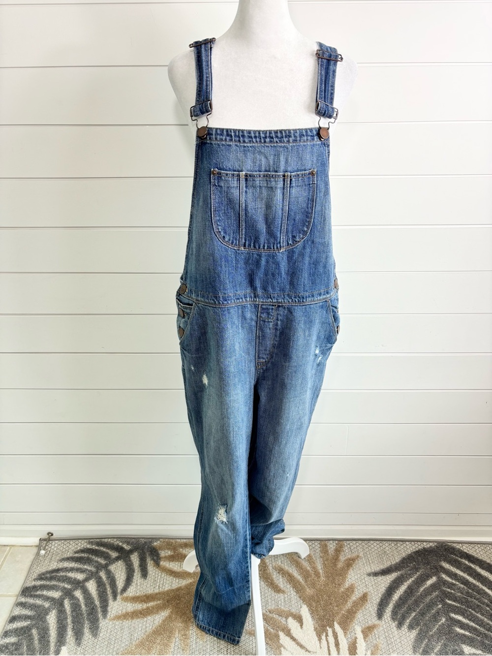 Ann Taylor Loft Distressed Blue Jean Denim Overalls Size L